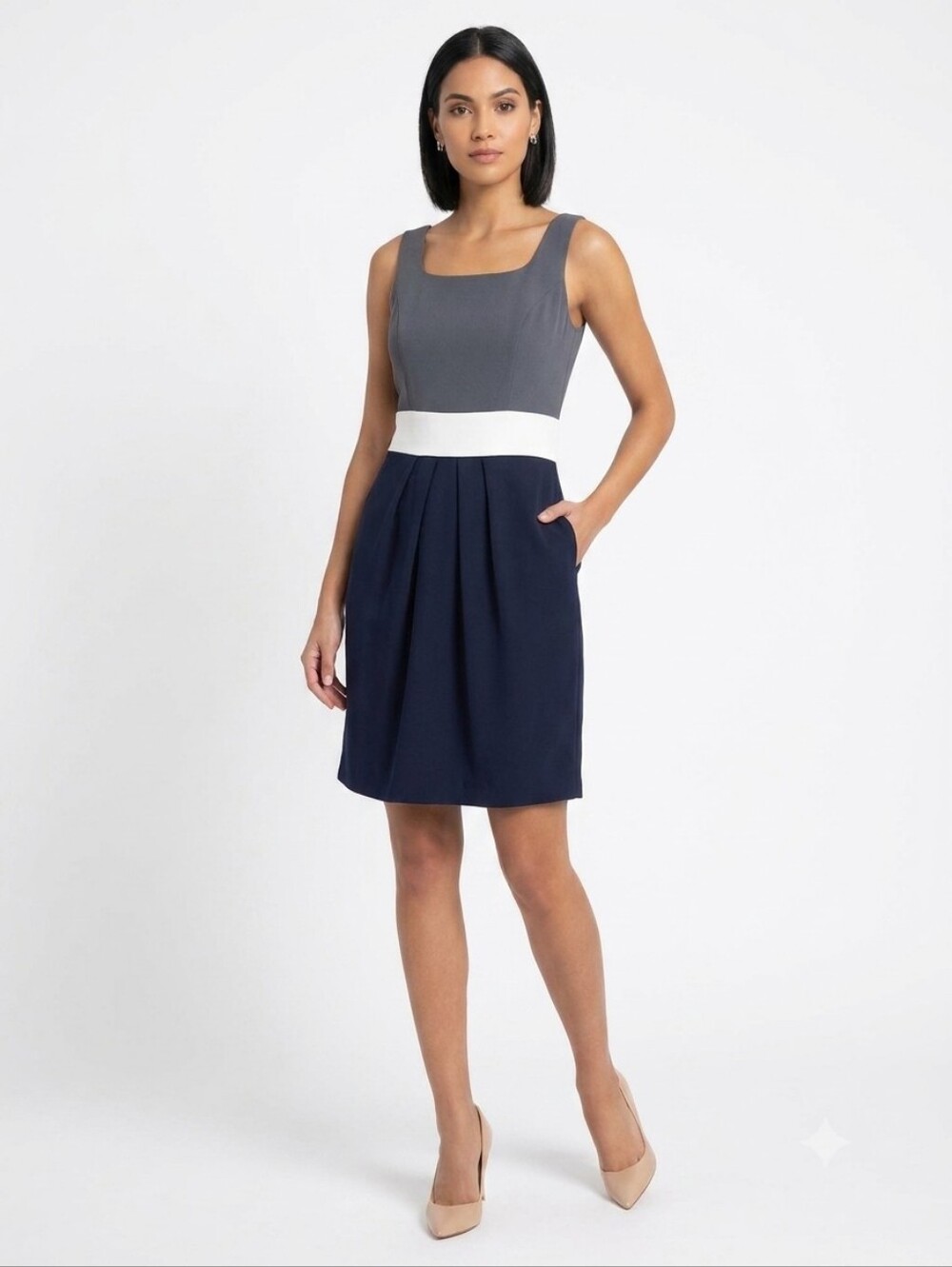 CASTILIAN Colorblock Pleated Sheath Dress With Pockets Size 10 Office Cocktail